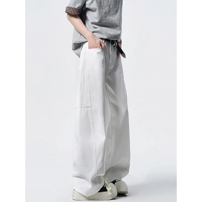 Summer American Dirty Fit White Curved Blade Jeans Unisex Minimalist Wide-Leg Casual Pants for Versatile Streetwear
