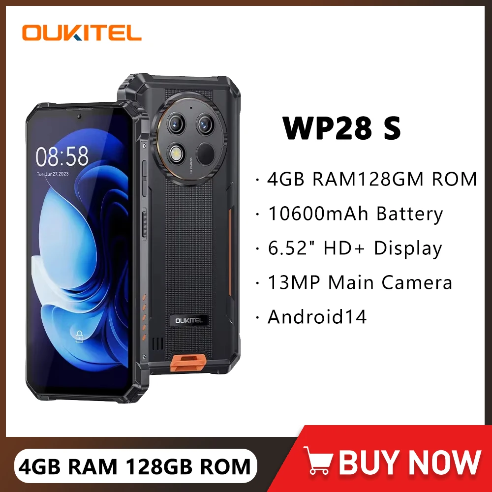 Oukitel WP28 S Rugged Smartphone 10600mAh Battery 6.52 Inch 4GB RAM+128GB ROM Mobile Phone Android14 13MP Camera Cellphone NFC