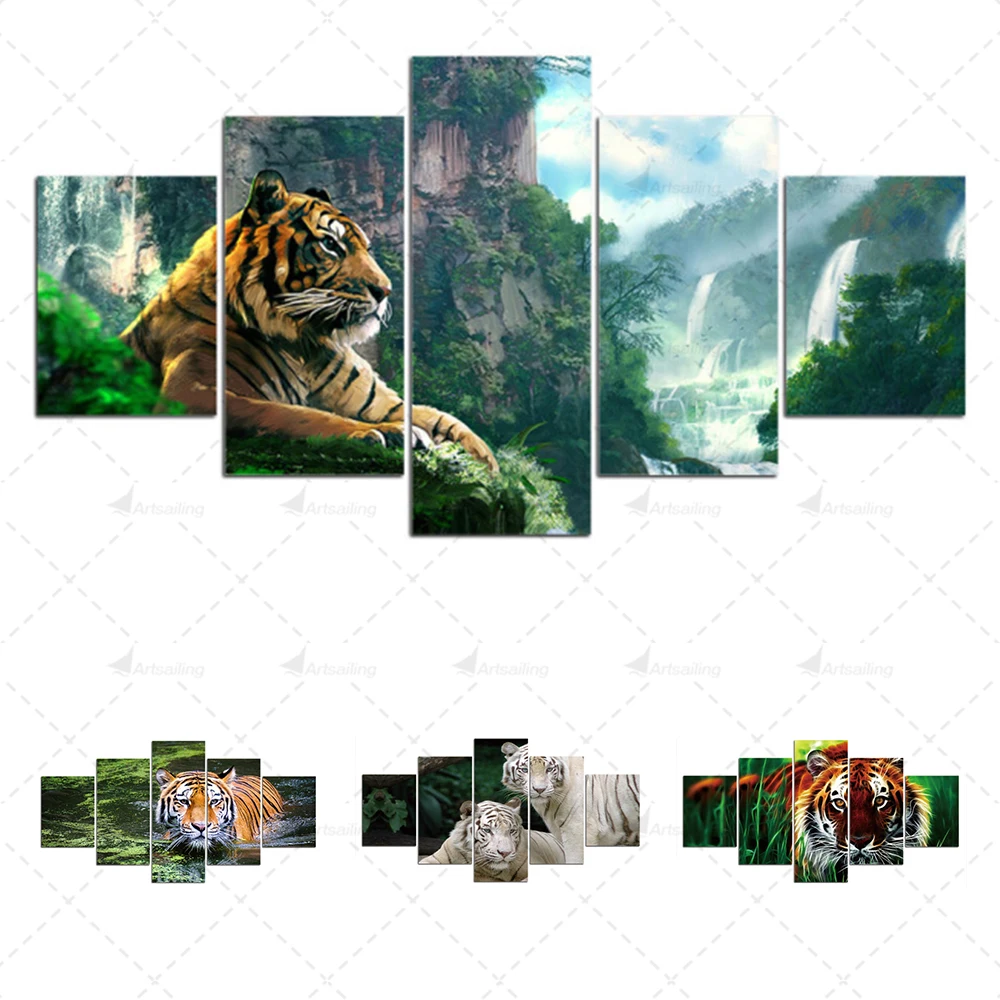 Animal Forest Tiger Canvas 5 Pieces Painting Home Decor HD Prints Poster Picture for Living Room Art Decor