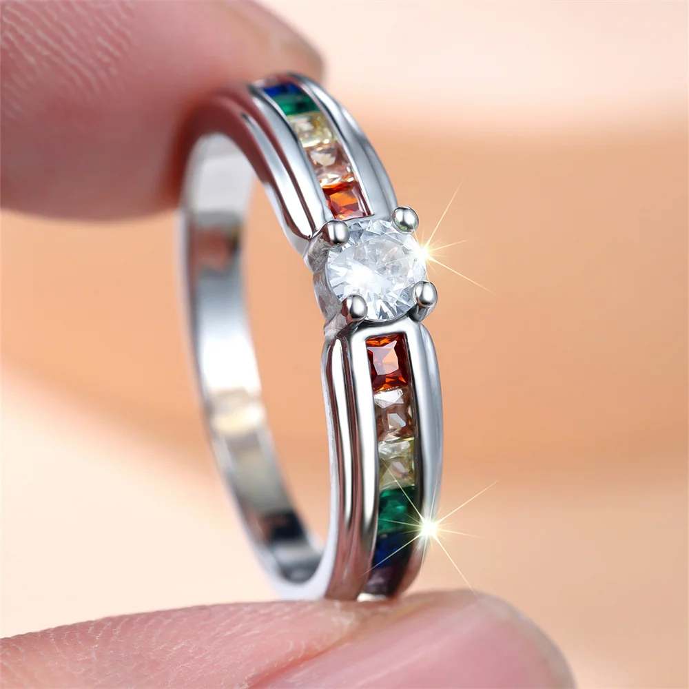 Rainbow Crystal White Zircon Round Stone Rings For Women Vintage Silver Color Engagement Ring Wedding Jewelry Mother's Day Gifts