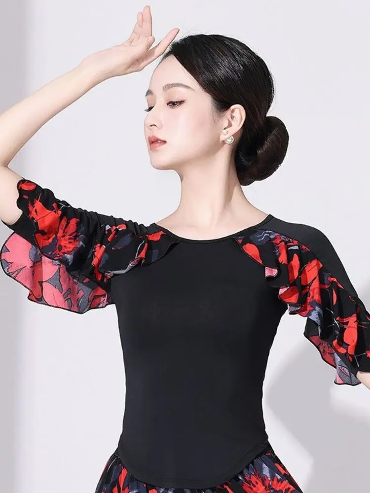 Women Printed Latin Dance Top Floral Cascade Ruffles MId Sleeves Slim Fit Salsa Bachata Performance Wear Stretch Breathable