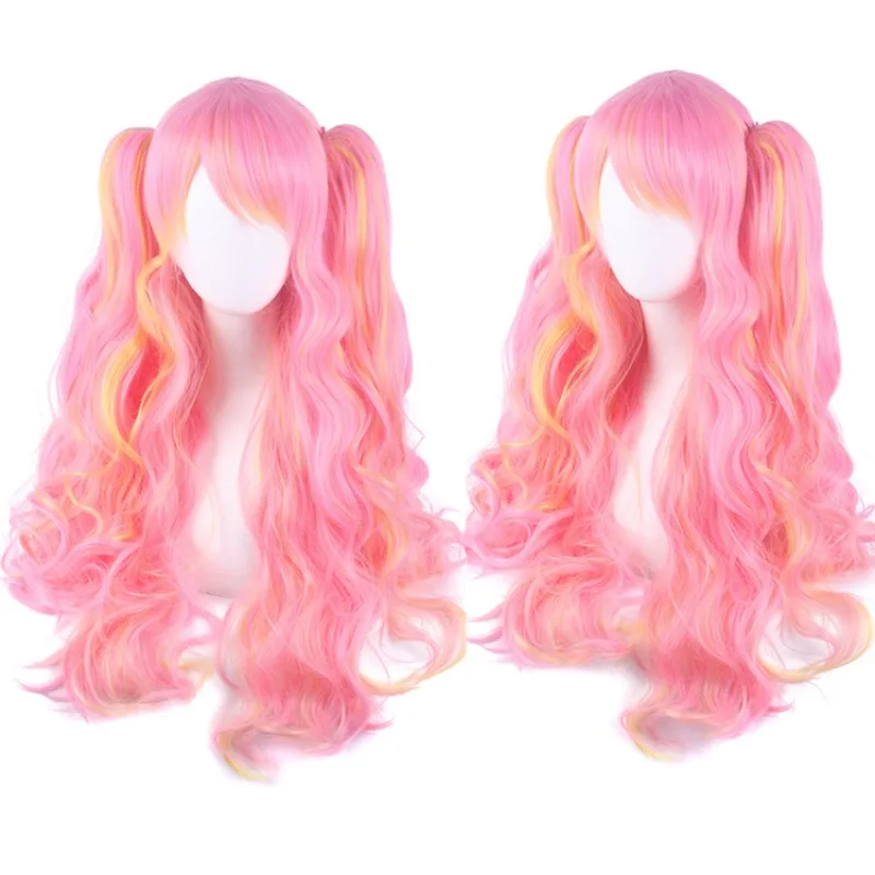 Anime Cosplay Pruiken Afneembare Dubbele Paardenstaart Pruik Meisje Leuke Lolita Lang Krullend Haar Halloween Kostuum Accessoires Synthetisch Haar