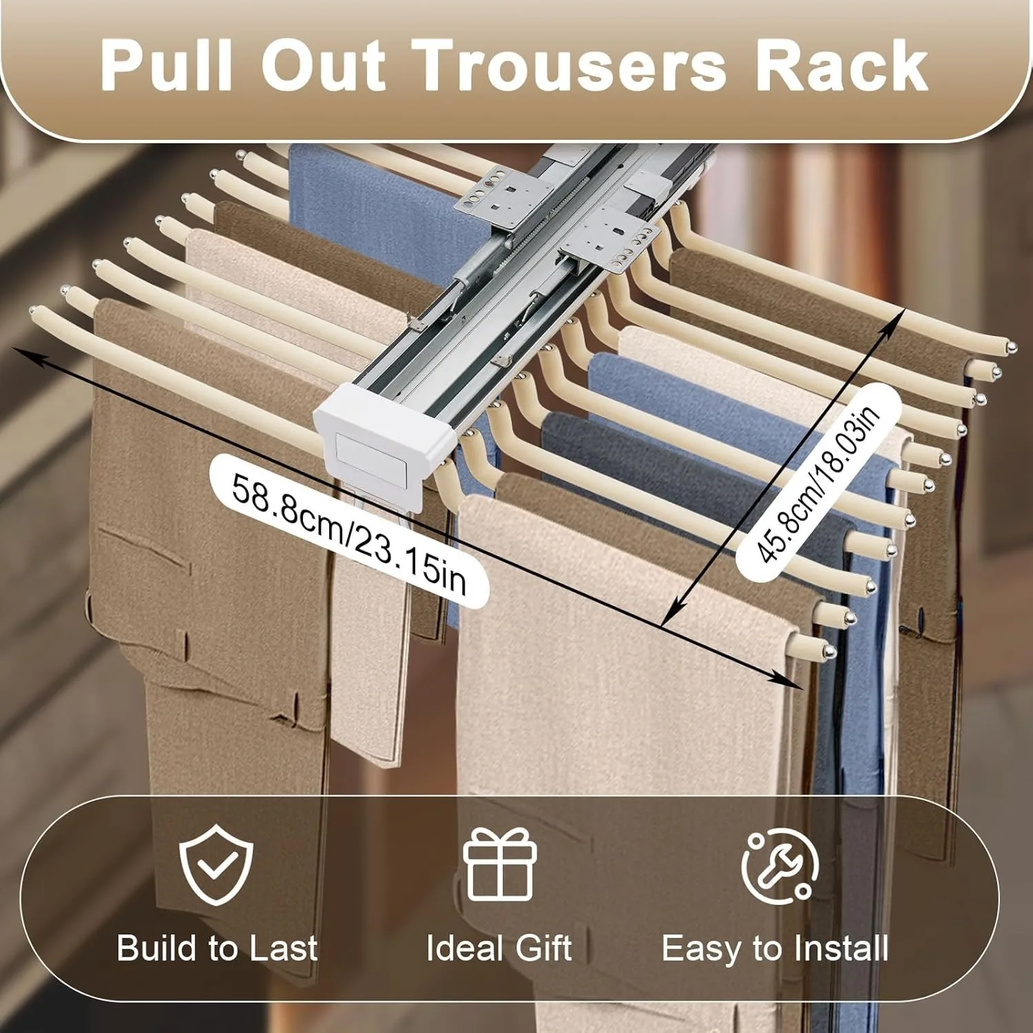 

Pull Out Trousers Rack with 22 Arms, 18x23in Stainless Steel Extendable Closet Hanger Bar for Pants, Towels, Scarves, Ties,Beige