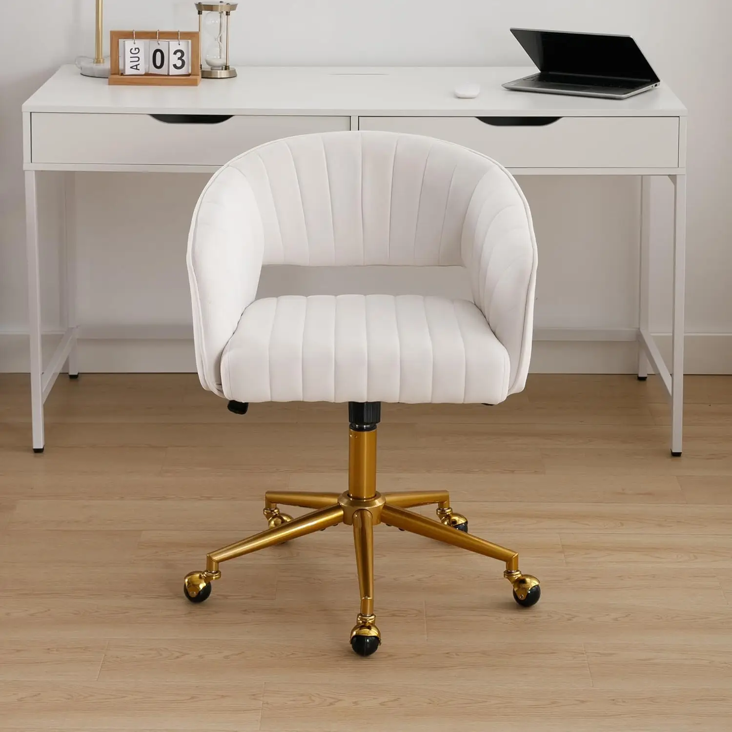 HomeOffice Desk Chairs, Modern Velvet Rolling Chair, Height Adjustable Swivel Vanity Chair with Golden Base, Ergonomic Chair for