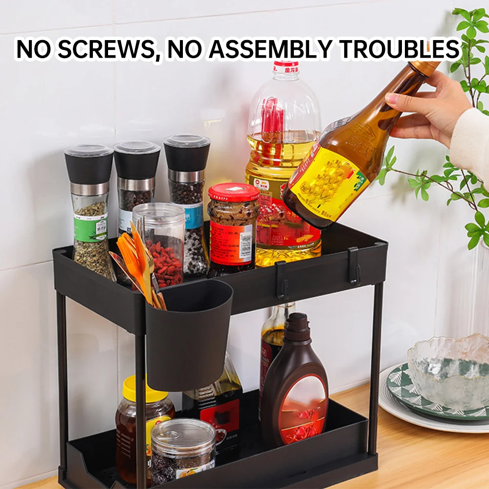 Kitchen Drain Storage Rack Double Layers Spice Bottle Tableware Organizer Anti-slid Cabinet Drawers Cookware Storage Shelf