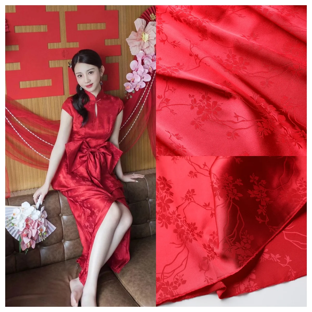 

Embossed Floral Jacquard Satin Cloth Smooth Lustrous Fabric Ideal For Evening Dress Bridal Outfit Traditional Qipao DIY Crafts