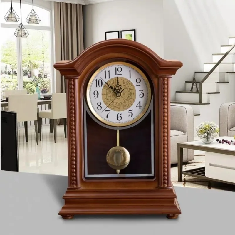 Solid Wood Table Clock Silent Retro Desk Clocks Creative Time Reporting Clock Tabletop Nordic Home and Living Room Decoration