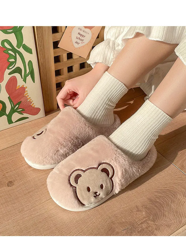 شباشب شتوية نسائية جديدة كارتونية تيدي بير هوم شباشب قطيفة داخلية سميكة النعل