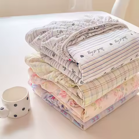 Washed Cotton Fitted Sheet with Elastic Bands Non Slip Adjustable Mattress Cover Printed Pure C... product image