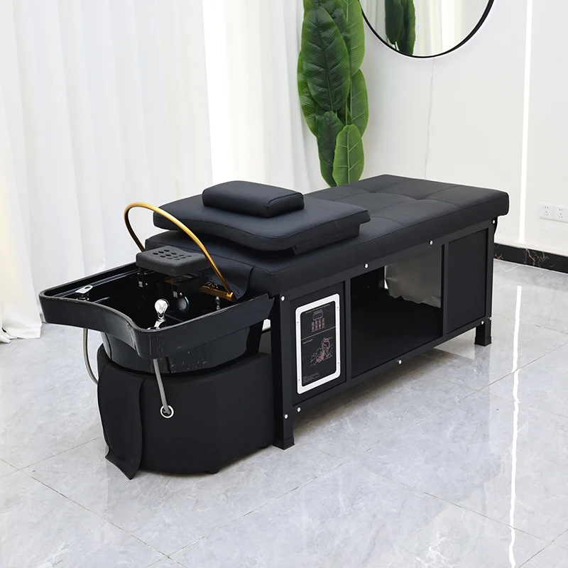 Thai Style Lay Down Barber Shop Water Circulation Washing Bed Modern Luxury Full Black Salon Shampoo Bed with Steamer