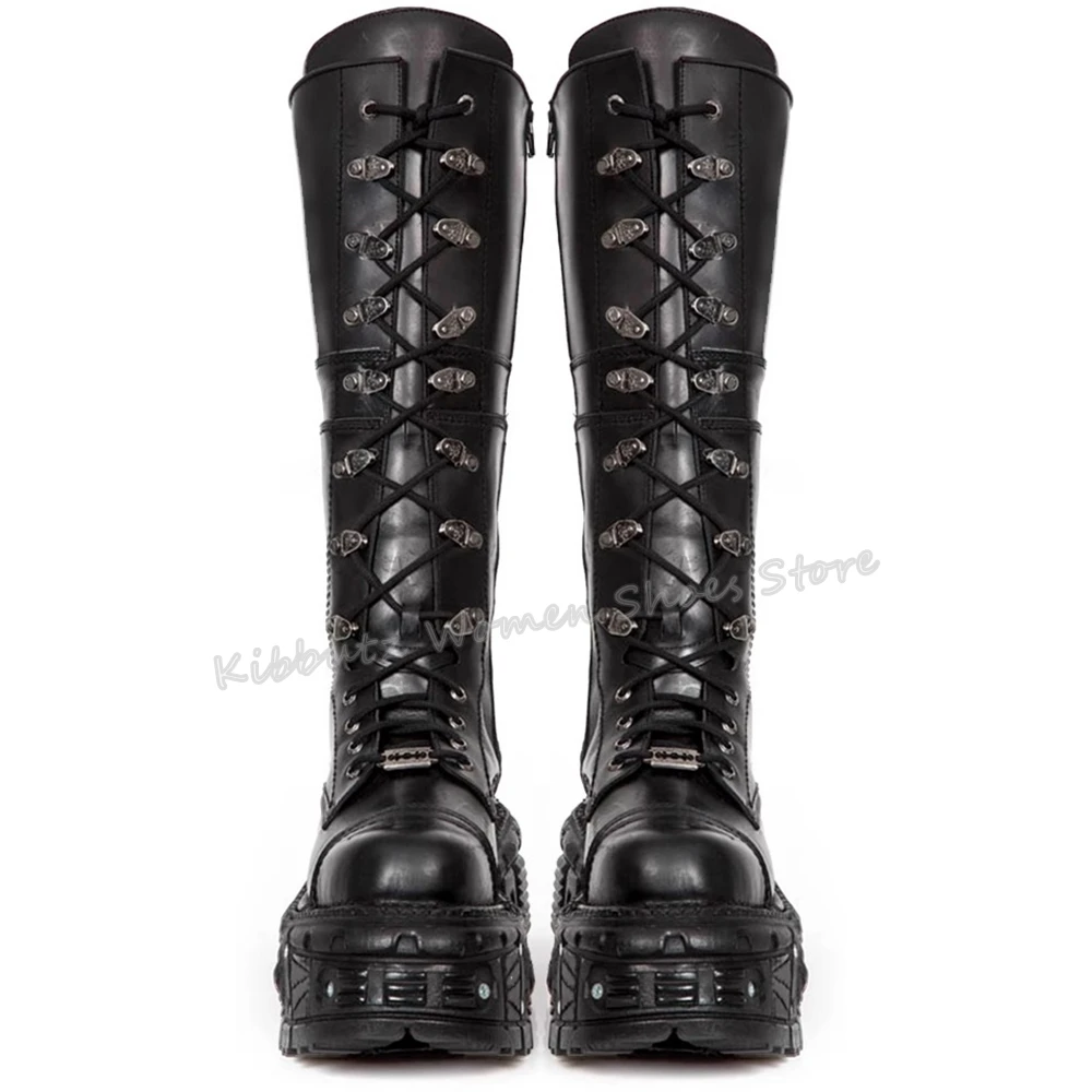 Rock Punk Lace-Up Motorcycle Boots Knee High Dark Style Thick Bottom Genuine Leather Solid Color Fashion Concise Women Shoes New