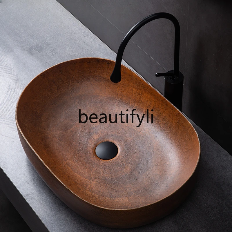 On-stage basin, balcony face wash single basin, ceramic art retro hand wash, household bathroom, wash basin