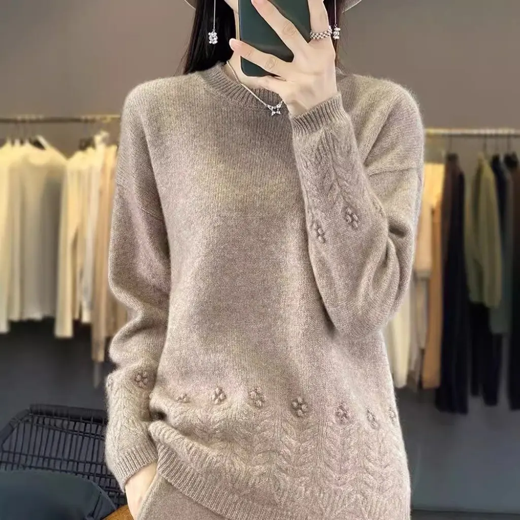 

Women's Thickened Autumn Winter Half Turtleneck Knitwear 100% Wool Loose Soft Waxy Lazy Style Jacquard Top