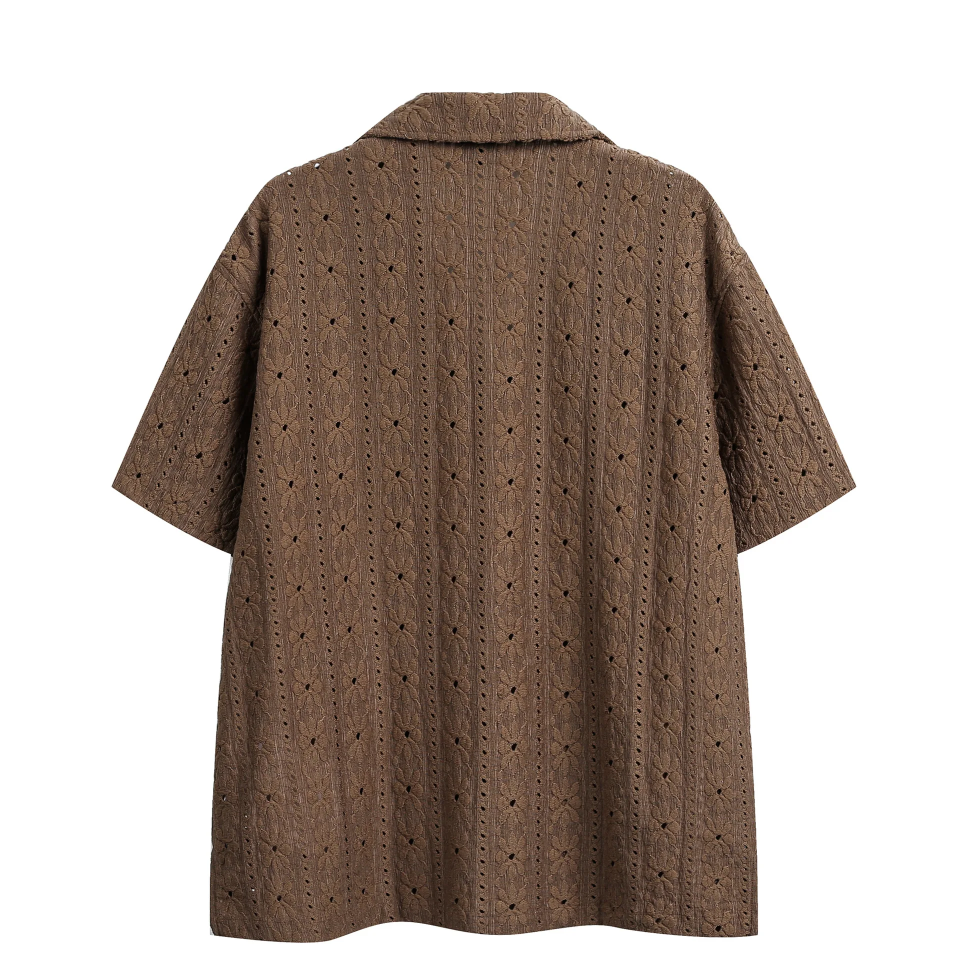 2026 New Hawaiian Vacation Style Maillard Jacquard Hollow Out Cuban Collar Short Sleeved Shirt Loose Five Quarter Sleeved Shirt