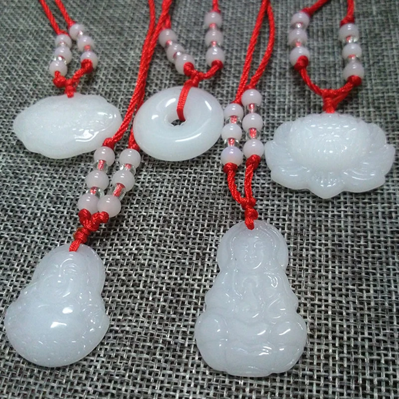 1PC Buddhist Artificial White Jade Hand Woven Pendant Necklace Lotus Guanyin Buddha Long Life Lock Pendant Lucky Necklace Gift view 3