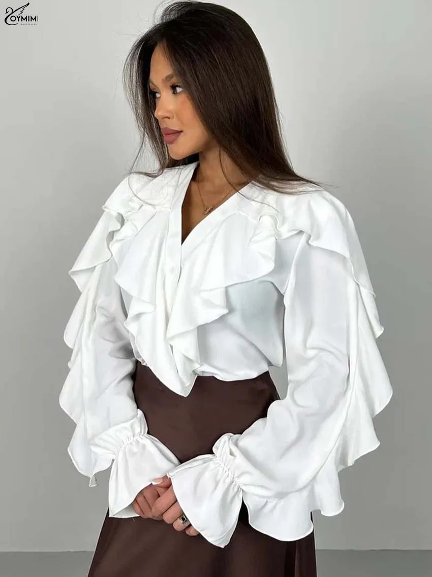 Oymimi Autumn White V-Neck Women's Shirt Fashion Long Sleeve Ruffled Solid Blouses Casual New Single Breasted Slim Shirts Female