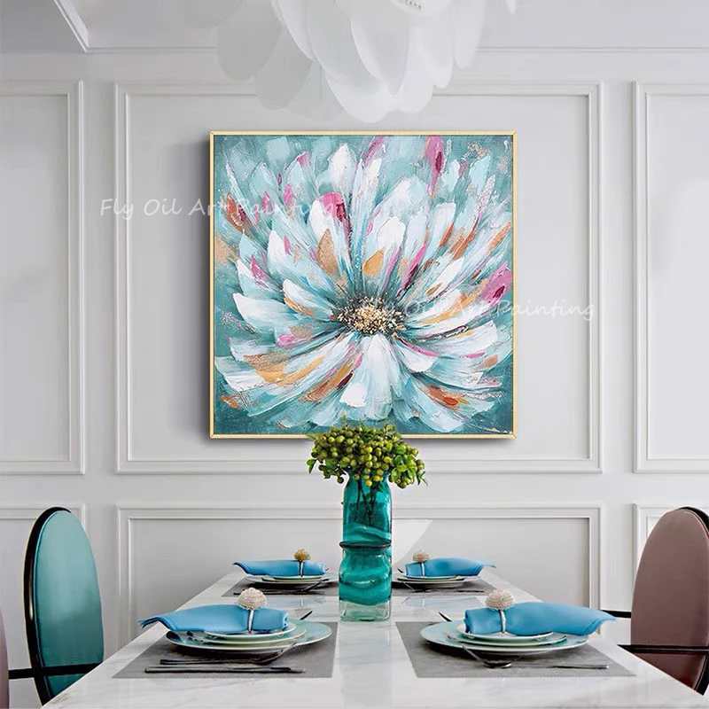 

Blue flower thick colorful Wall Art Simple Handpainted Oil Painting On Canvas Living Room home Decoration Gift