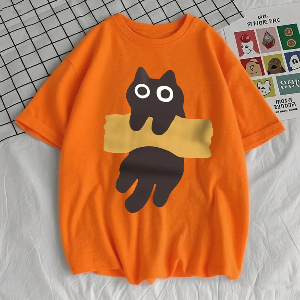 Fun Adhesive Tape Cat Print Japanese Style Short Sleeve Men Women Cotton Loose T-Shirts Fit Sweatshirt for Daily Wear