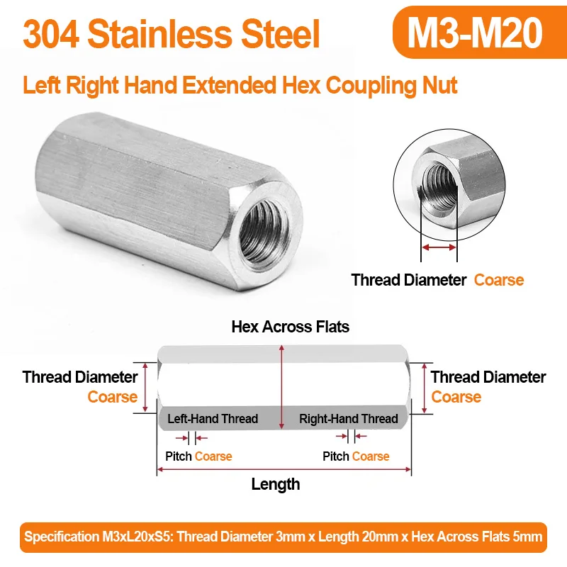 304 A2 Stainless Steel Left Right Hand Hex Coupling Nut Reverse Thread Adjust Connecting Nut M3‑M20 for Threaded Rod 20‑200mm