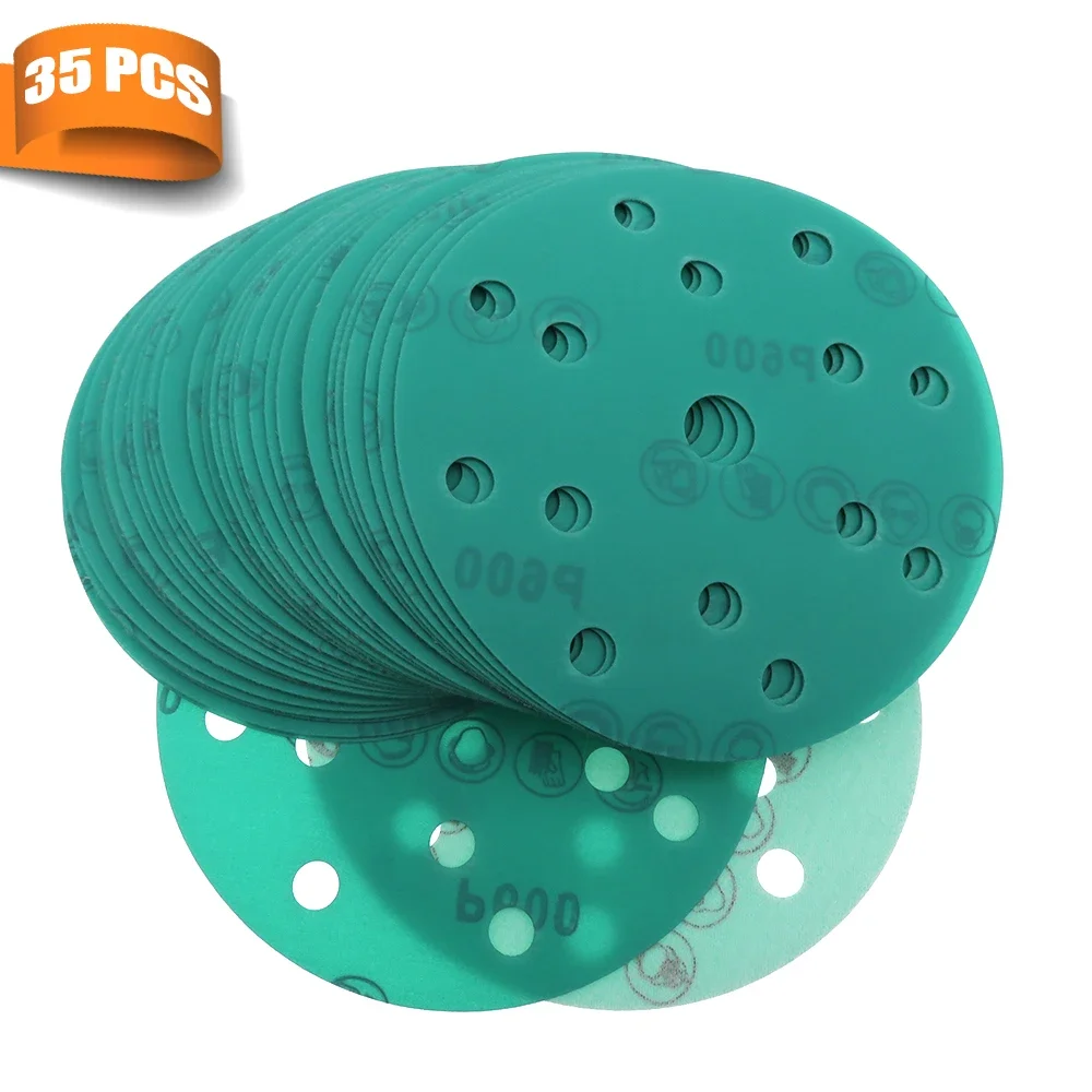 35Pcs 6 Inch 150mm 15 Holes Sandpaper 60 to 2000 Grits Hook and Loop Green Film Sanding Disc For Polishing and Grinding