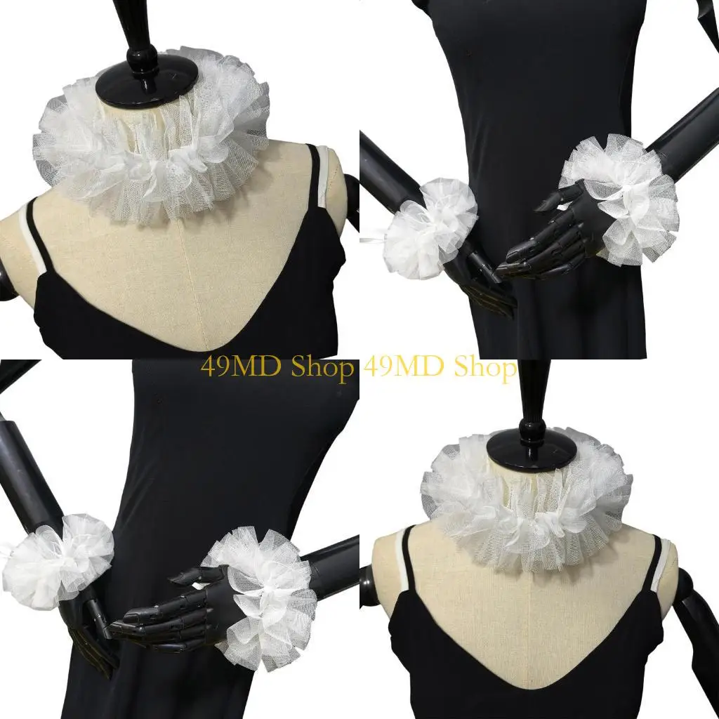 49MD Renaissances Victorian Neck Ruff Mesh Ruffled False Collar and Wrist Cuffs for Historical Themed Event Colonial Costume