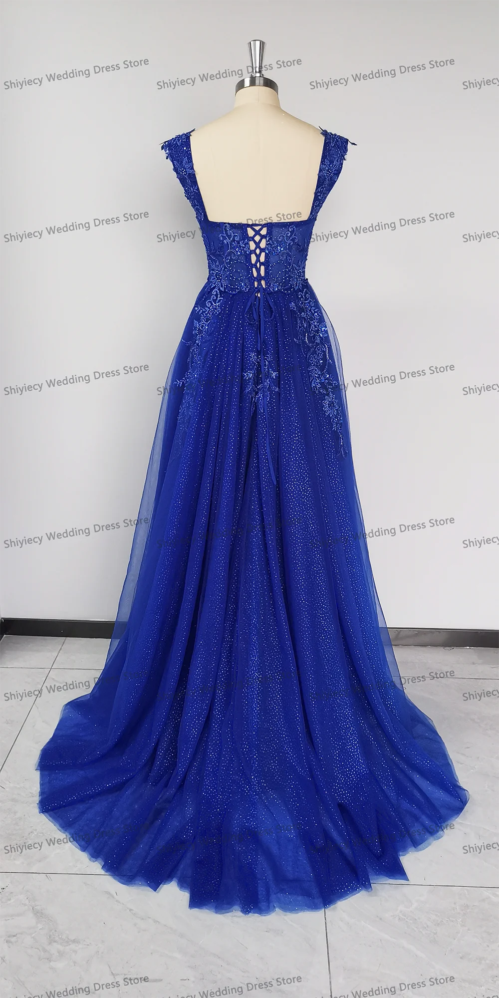 A-line Off the Shoulder Royal Blue Prom Dresses Sequin Appliques Sweetheart Lace Up Party Evening Gowns Wedding Dress With Slit