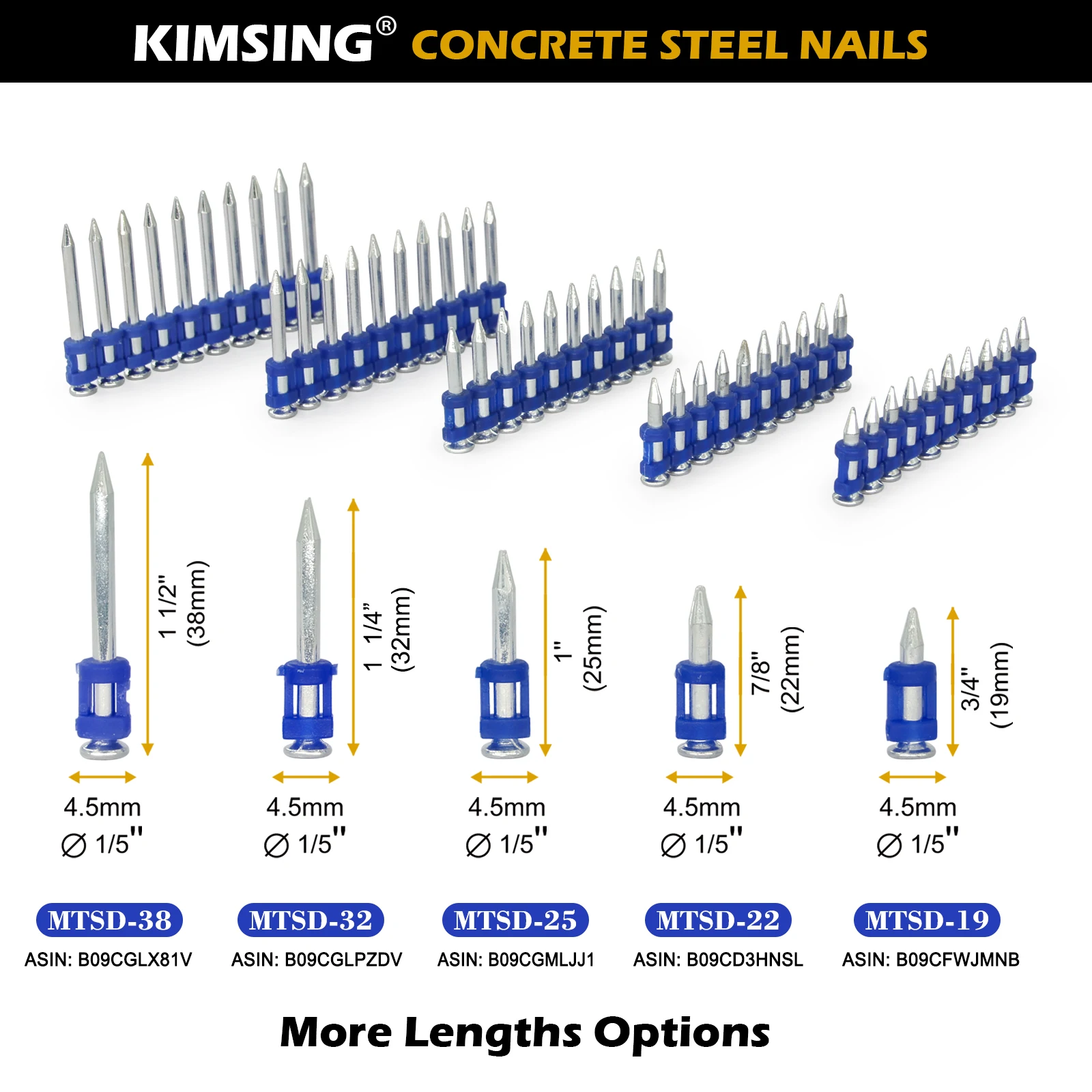 Collated Concrete Nails 3/4’’-1 1/2’’(19-38mm), Nail for Nail Gun and Impact Nail Gun, Nails for Concrete Walls and Concrete