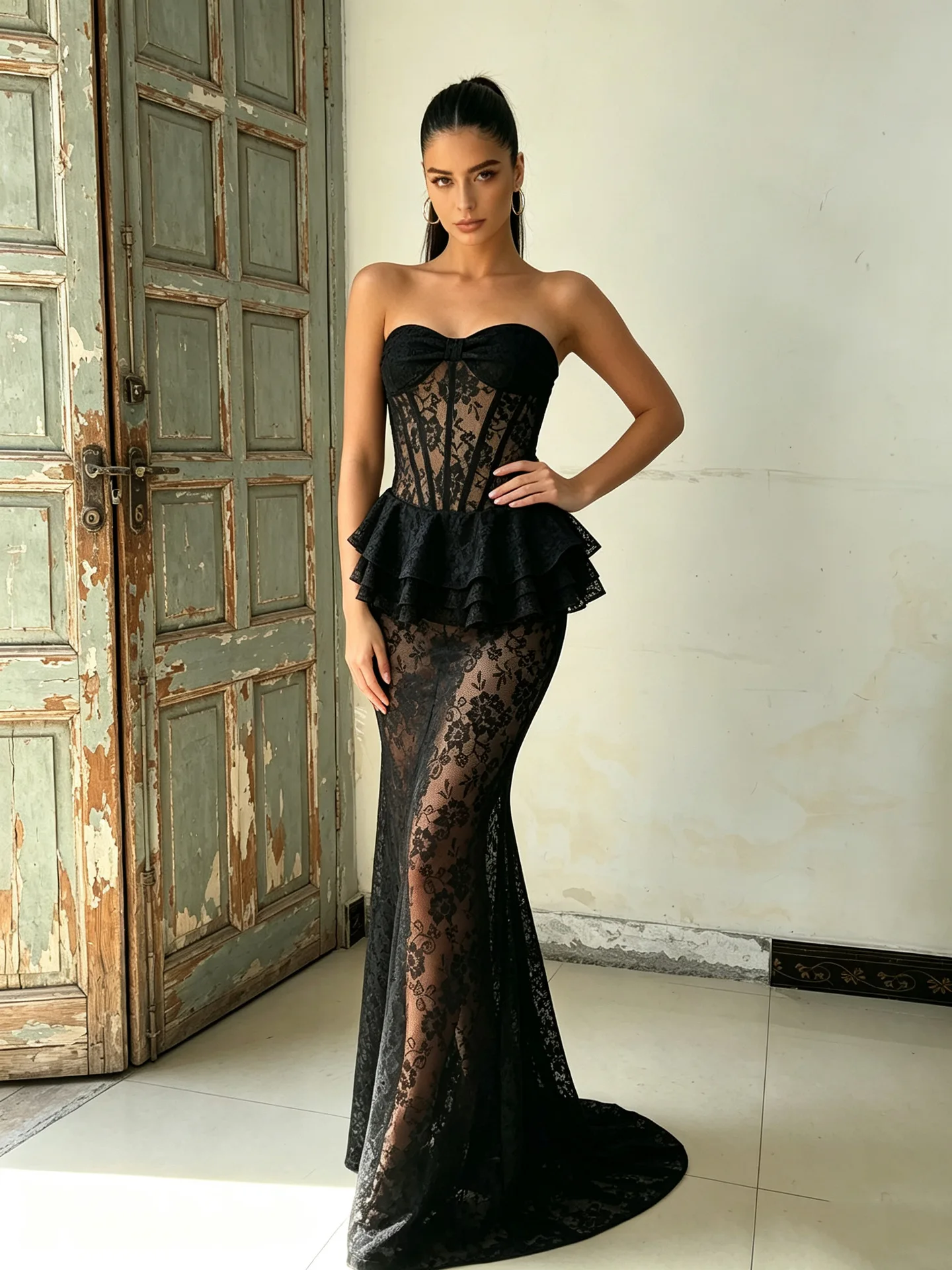 Sexy Sheer Lace Ruffles Strapless Evening Dress Black Sleeveless Backless Corset Mermaid Maxi Dress Floor-Length Formal Gowns
