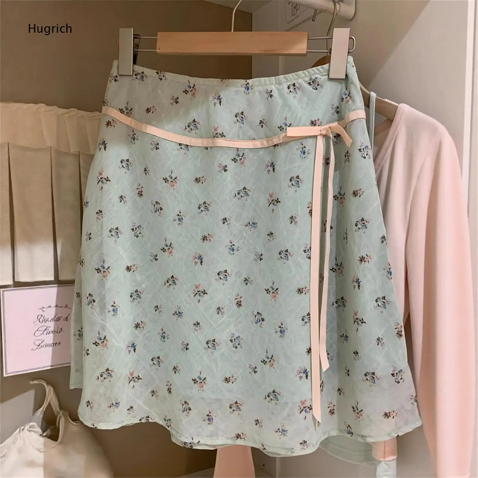 Fresh Mint Green Ditsy Floral Mini Skirt Pink Ribbon Waistband Lightweight A-Line Short Skirt Sweet Girly Daily Casual