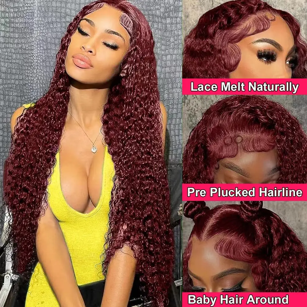 

300 Density 99j Burgundy 13x6 Hd Lace Frontal Wig Curly Human Hair Wigs Colored Deep Wave Transparent Lace Brazilian For Women