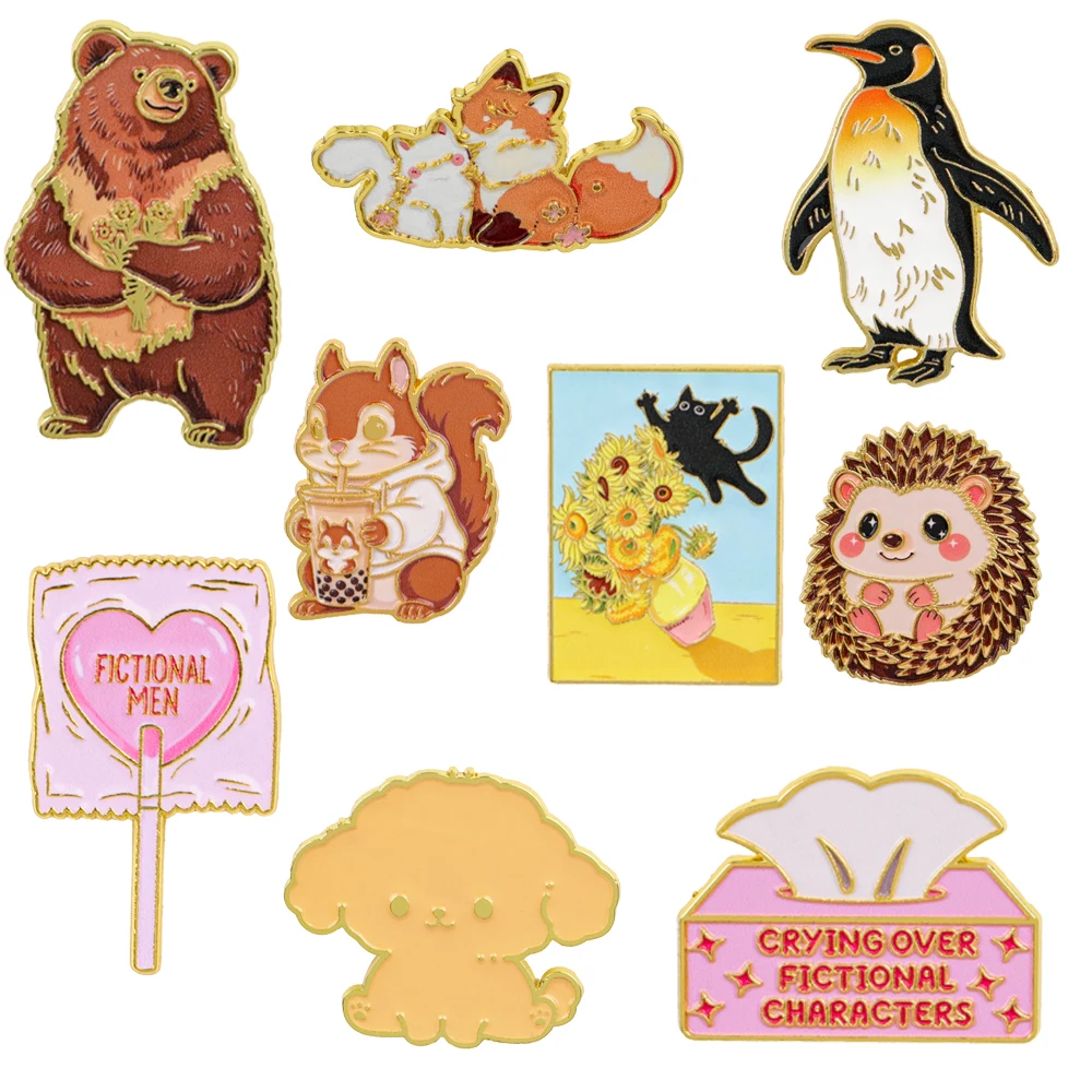 Cute Cartoon Animal Enamel Pins Bear Fox Penguin Squirrel Hedgehog Dog Cat Lapel Brooches Funny Badges Bag Backpack Decor Gift