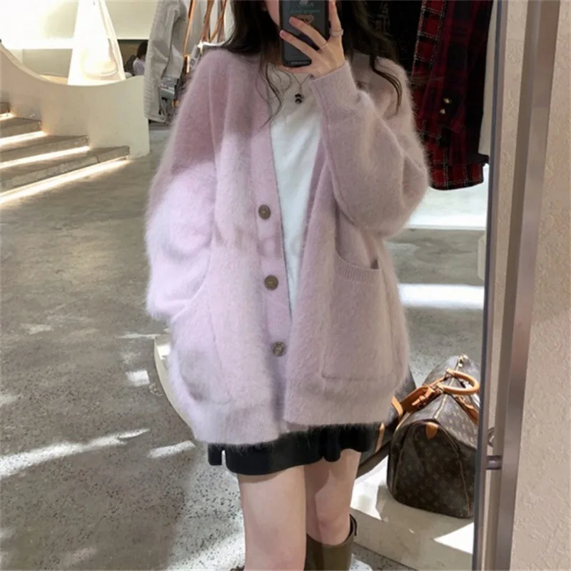 Knitted Cardigan Women Solid Sweater Coats Korean Fashion Autumn Winter Casual Loose Sweater Baggy Pockets Cardigan Streetwear