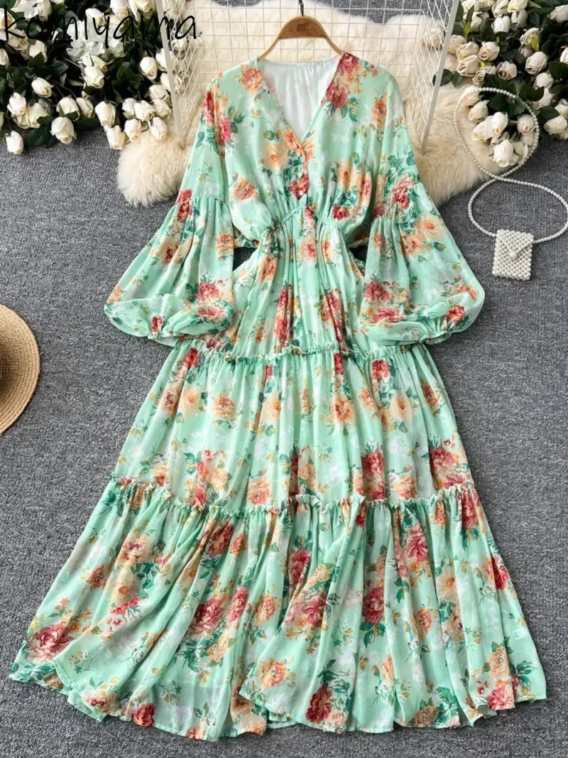 V-neck Lantern Long Sleeve Vestidos Mujer Broken Floral Women 2024 Dresses Autumn New Dress High Waist Vestido Fresh Robes