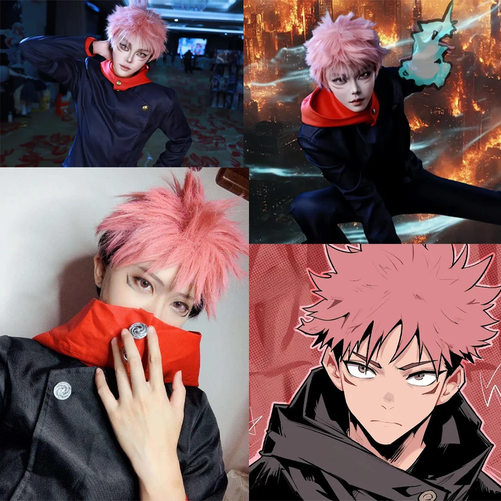 Haute qualité ‌   Anime Jujutsu Kaisen Yuji Itadori ‌   Cosplay cheveux synthétiques 10 pouces courte Halloween quotidien perruque en soie haute température