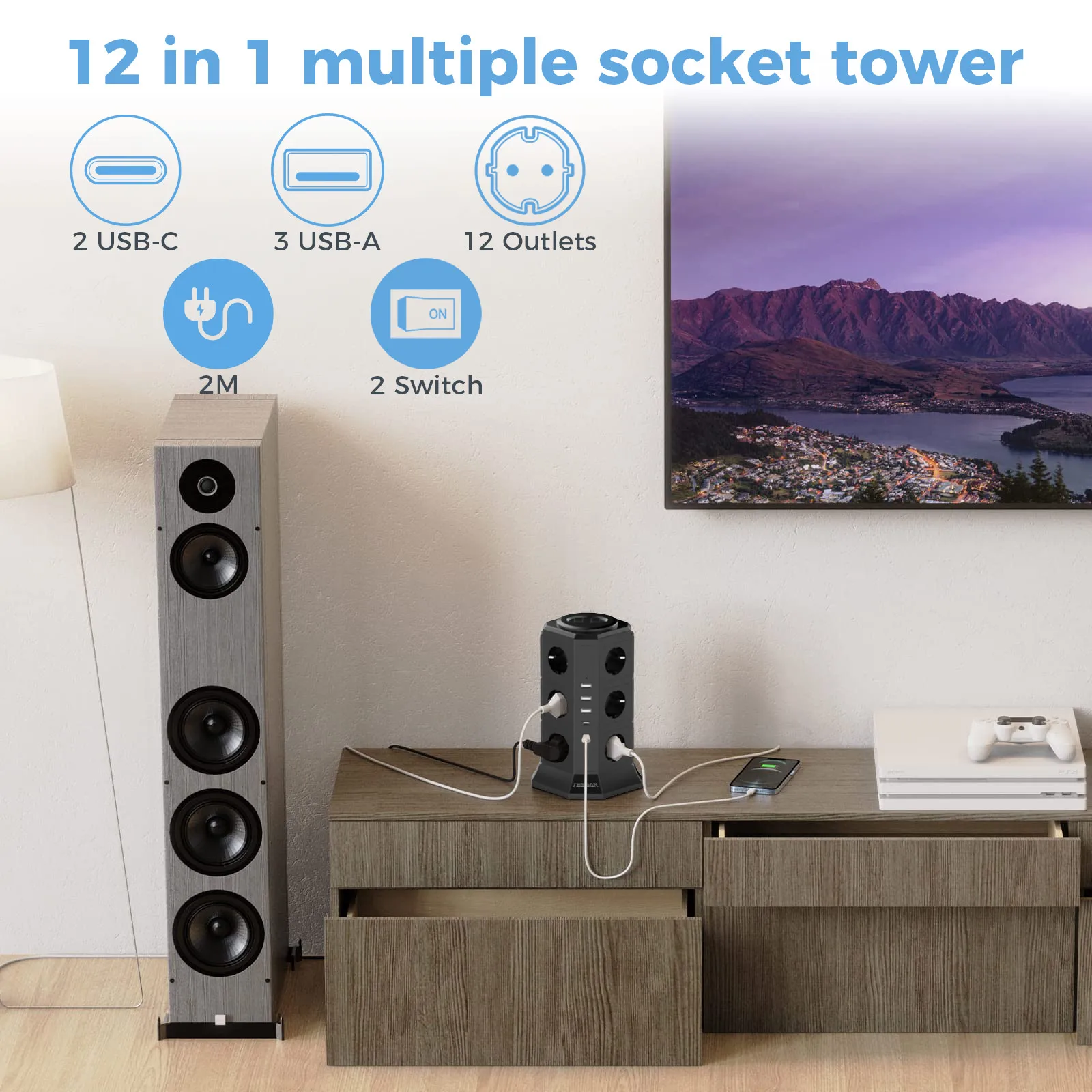 TESSAN Tower-Steckdosenleiste mit Mehrfachsteckdosen, 3 USB-Anschlüssen, 2 Typ-C-Anschlüssen, 2M Verlängerungskabel, Überspannungsschutz, EU-Stecker, Vertikale Elektrosteckdose – Detail 8