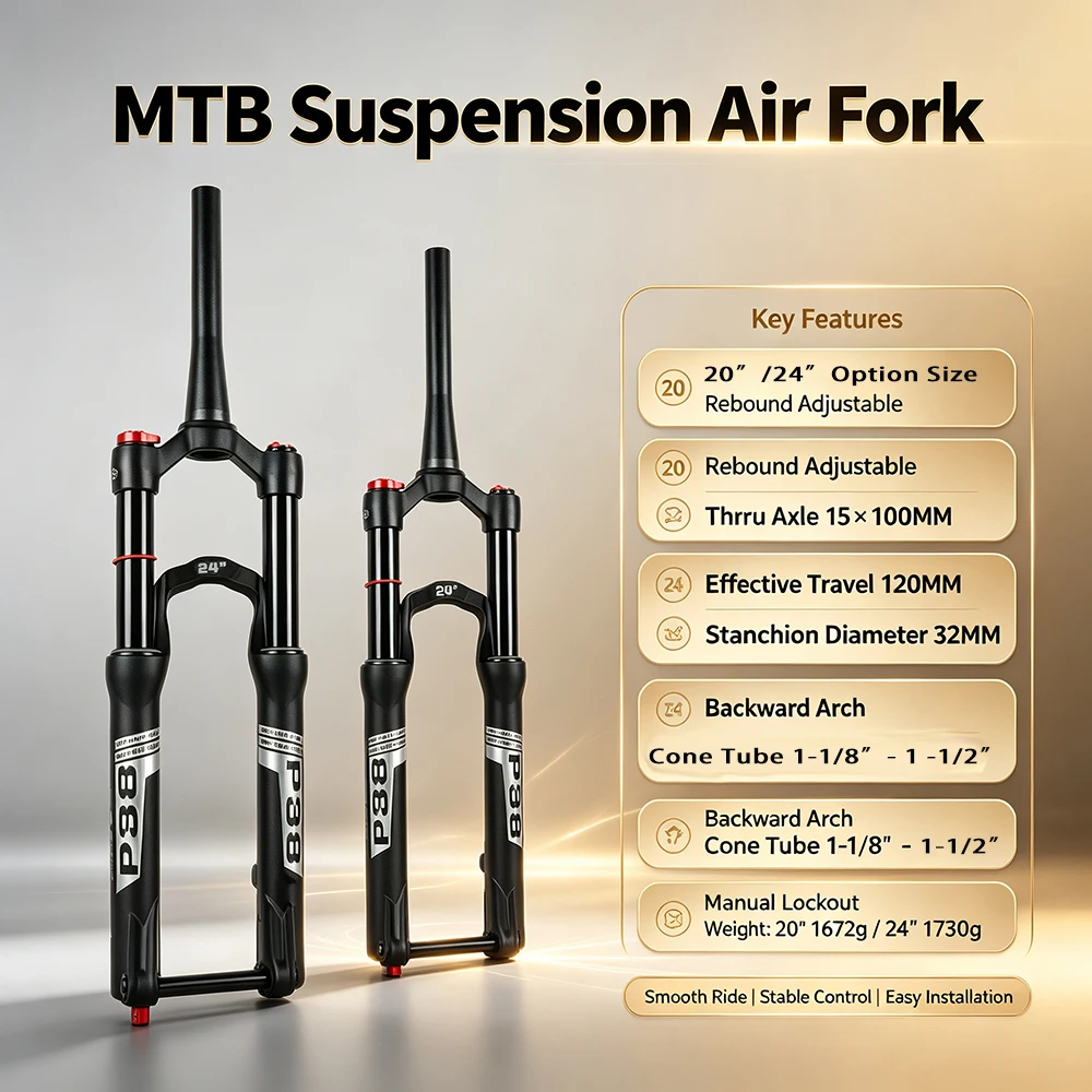 Pasak MTB Suspension Air Fork 20/24 Inch Disc Brake Stroke 120mm Thru Axle 15x100mm Rebound Adjustable Backward Arch Cone Tube
