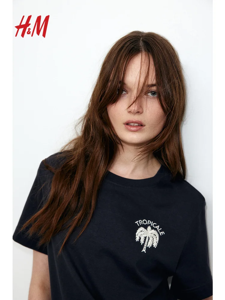 H&M Damen-T-Shirt, lockere Passform, S Sve, rundes Ne-Druckmuster, amerikanisches SLE-Freizeitoberteil für den Frühling 2025,