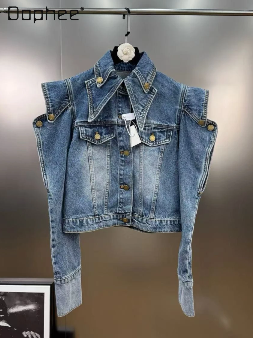 

Autumn New American Street Turn-Down Collar Off-Shoulder Long Sleeve Trendy Hot Girl Slim Single-Breasted Short Denim Jacket
