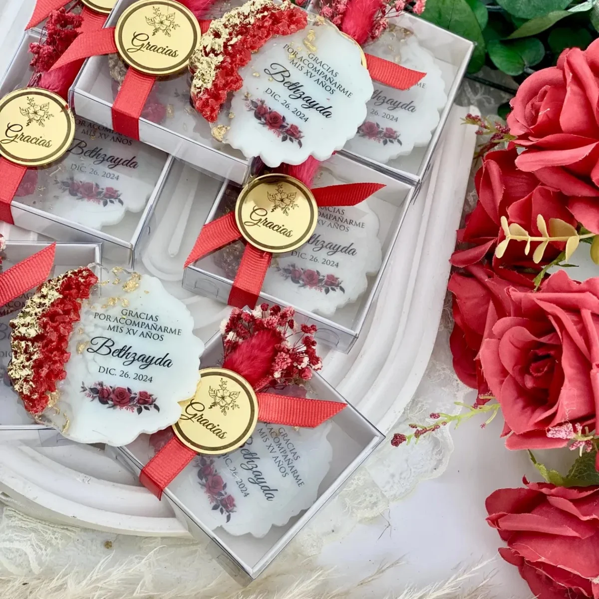 Custom Sweet 16 Magnet Favors: Red & Gold Quinceanera Butterfly Party Gift