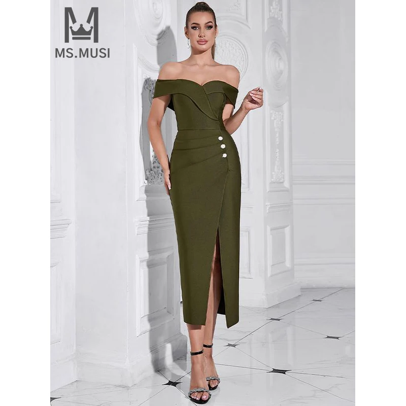 MSMUSI 2025 New Fashion Women Sexy Off The Shoulder Button Sleeveless Fold Backless Bandage Party Club Bodycon Event Midi Dress