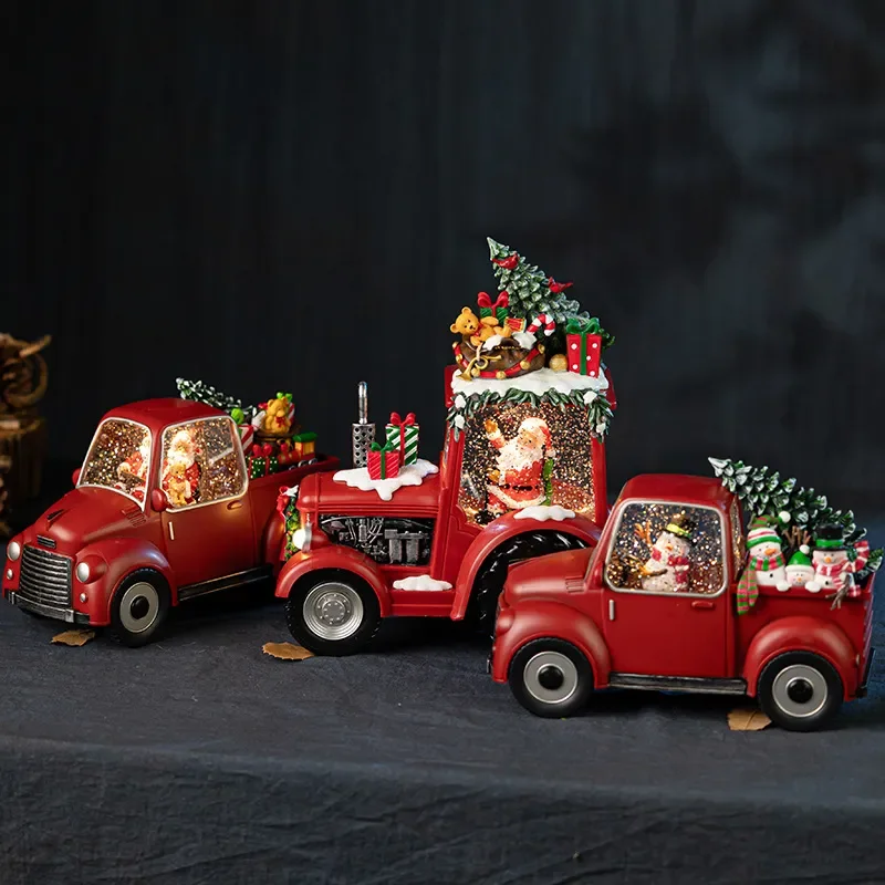Cross-border new Christmas decorative ornament red truck tree classic car music box snow crystal ball music box