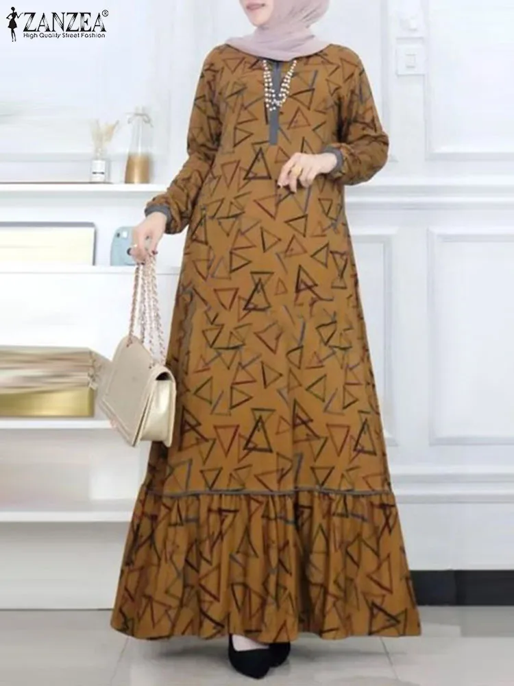 ZANZEA 2024 Vintage Floral Printed Maxi Dress Women Spring Long Sleeve Muslim Abaya Sundress Robe Femme Casual Ruffles Vestido