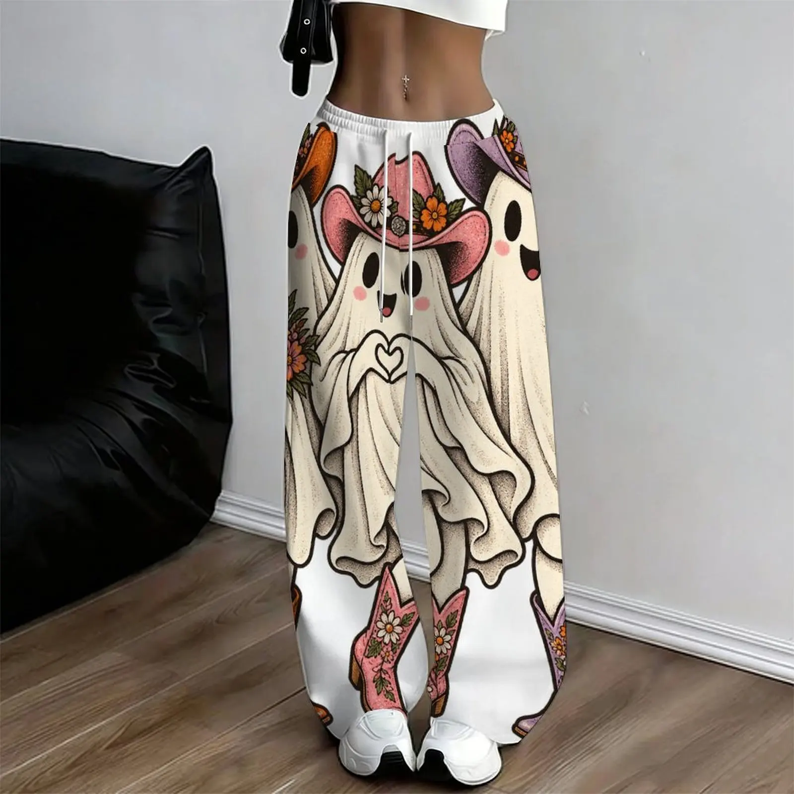 Women Loose Full Length Straight Leg Printed Pants, Cartoon Halloween Witch Squirrel Pattern