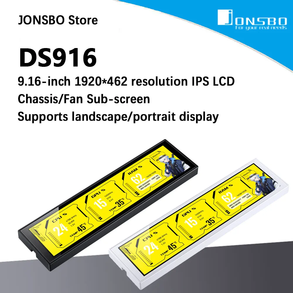 

Внешний HD-экран JONSBO DS916 LCD 9,16 дюйма с USB-подключением для различных сценариев применения, гибкое подключение к корпусу/вентилятору