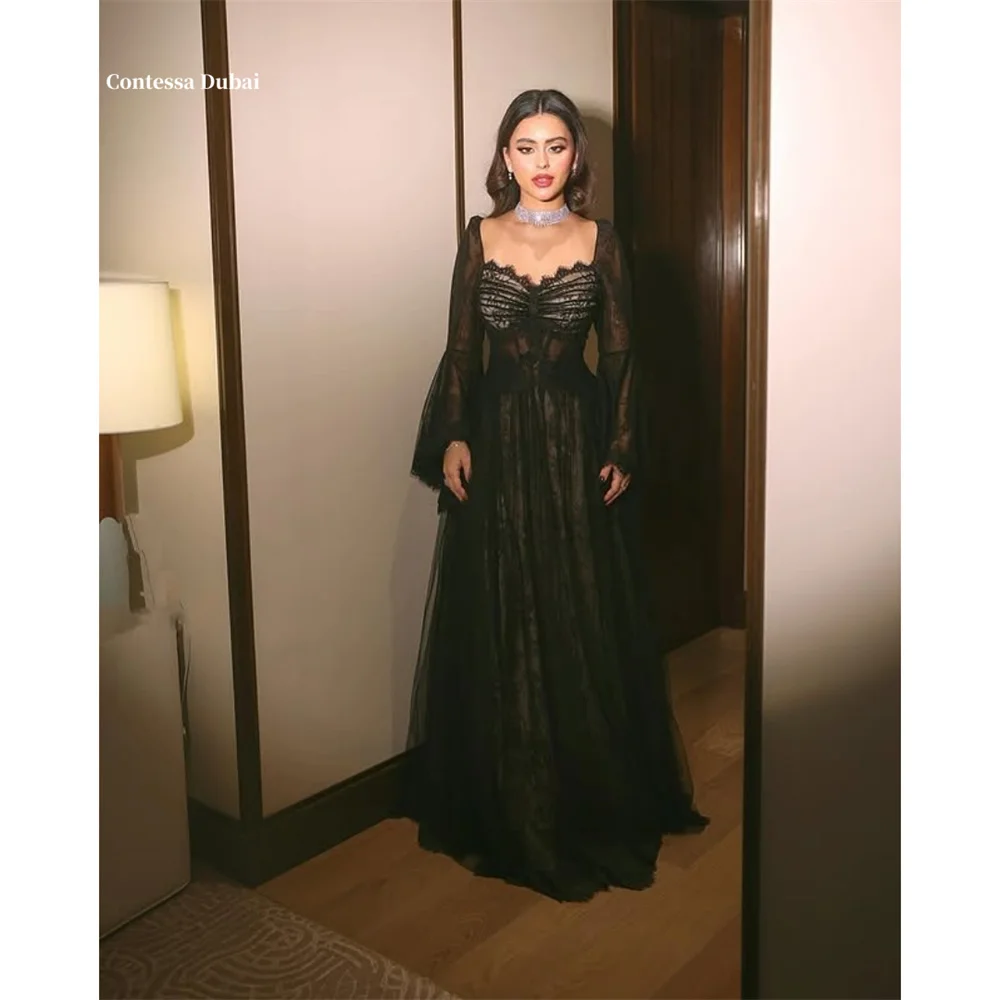 

Contessa Dubai Bell Sleeve Lace A-Line Prom Dress Heart Neck High Waistفساتين سهراتSweepTrain Formal Srobes de soirée