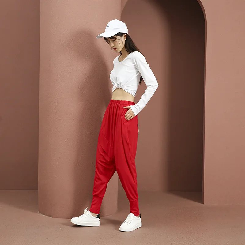 Women Cross-pants Summer Baggy Streetwear Red Cotton Harem Trousers Hip Hop Loose Casual Mid Waist Dance Joggers Bloomers