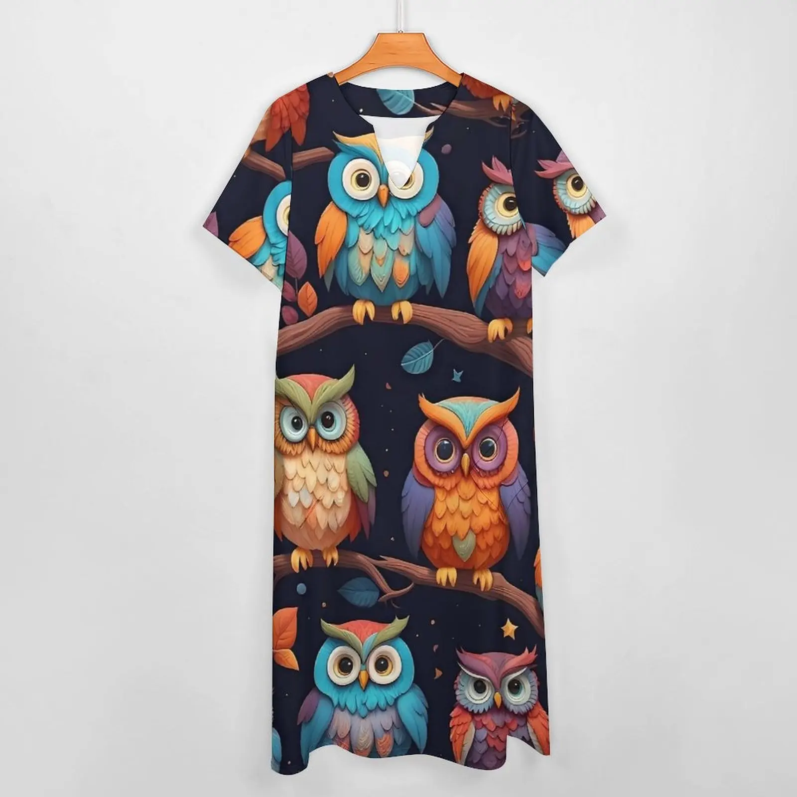 Cute Bold Owl Pattern Dress  Party Maxi Dress V Neck Graphic Boho Beach Long Dresses Streetwear Big Size Vestidos