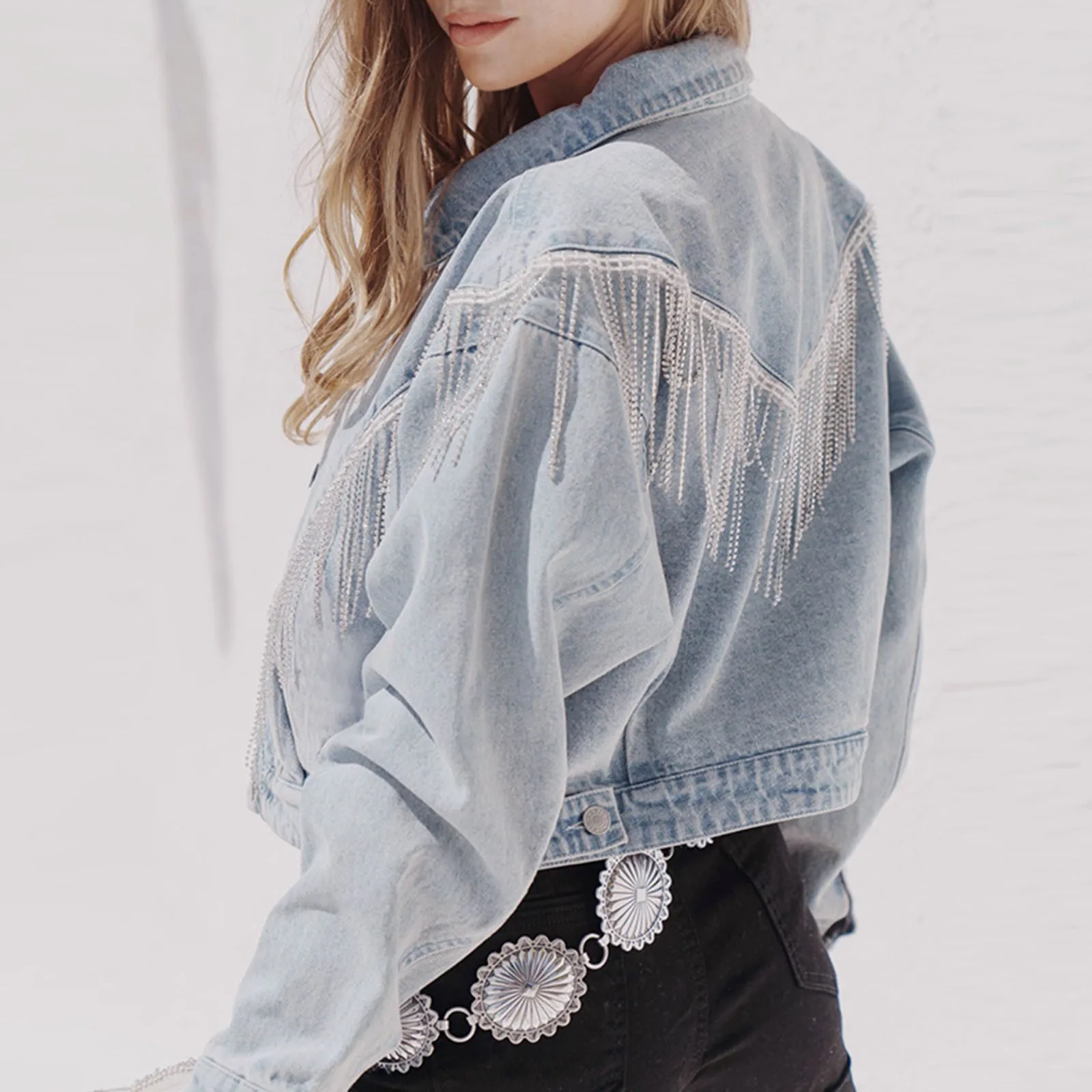 Cropped Denim Jacket With Rhinestones Tassel Autumn Crop Fringed Jeans Jacket 2023 New In Outerwear Korean Women's Denim Jackets