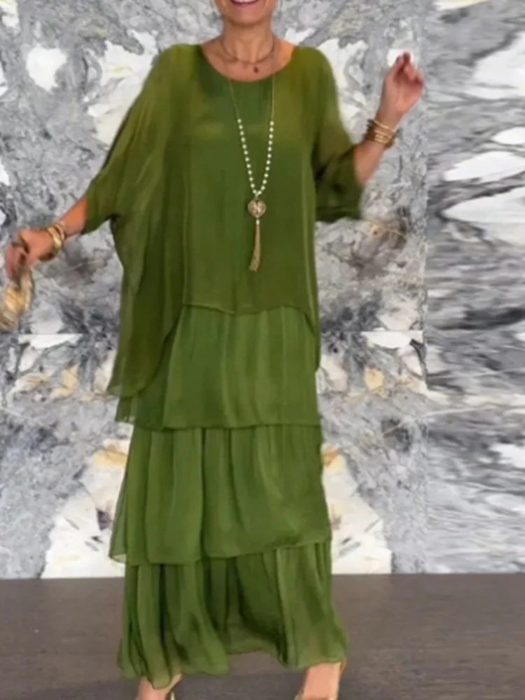 Loose Patchwork Solid Loungewear Dress, Women Spring Summer O-Neck Elegant Maxi Dress, Half Batwing Sleeve Simple Ladies Dress