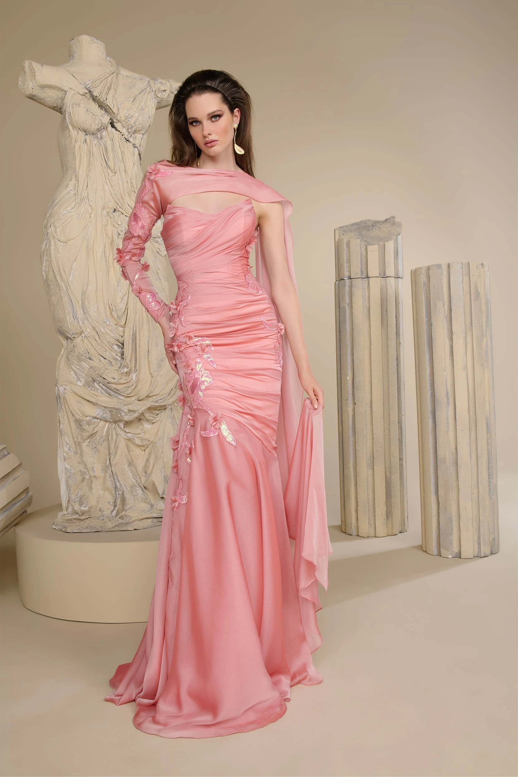 

Fashion Customized Handmade Flower Celebrity Gowns High Quality Organza Evening Dress Modern Mermaid Ruched Party Dresses